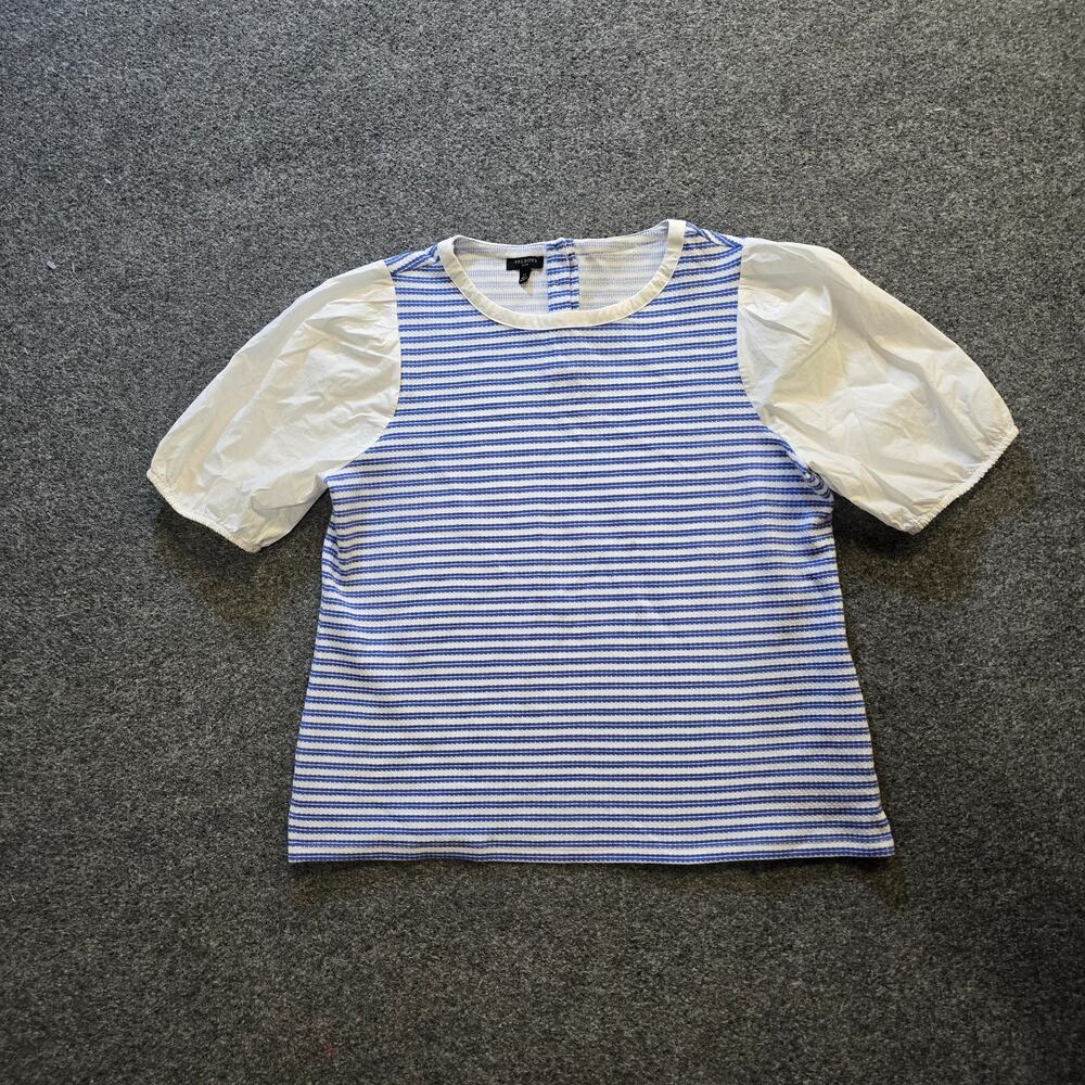 Talbots Top Womens Size Large Petite Blue Striped Short Sleeve Career Casual